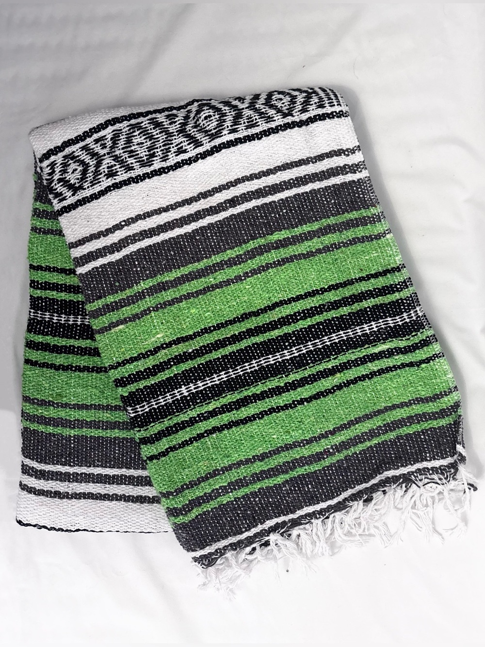 Green & Black Striped Mexican Falsa Throw Blanket w/Free Coin Pouch, NWOT